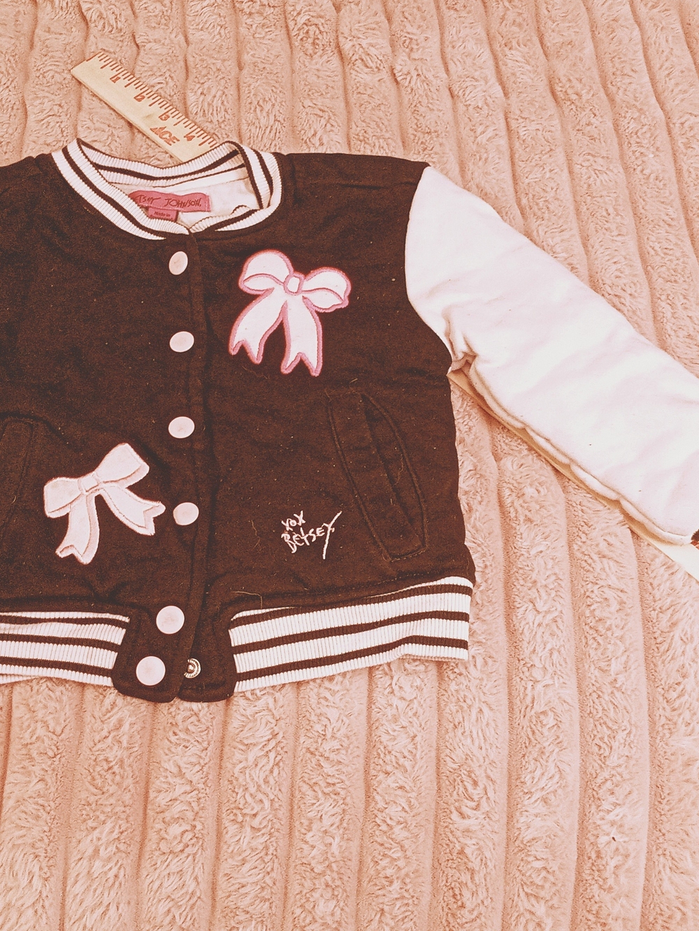 Betsey Johnson Black and White Girls Bow Varsity Jacket
